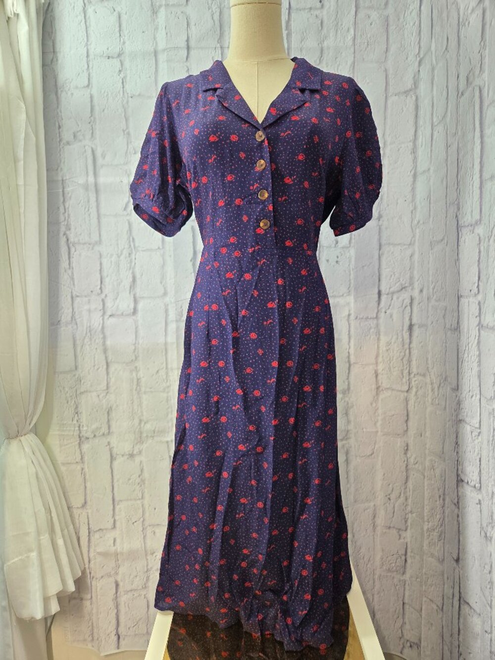 Simple Retro Medium Navy Floral Vintage-Style Button Front Puff Sleeve Tea Dress